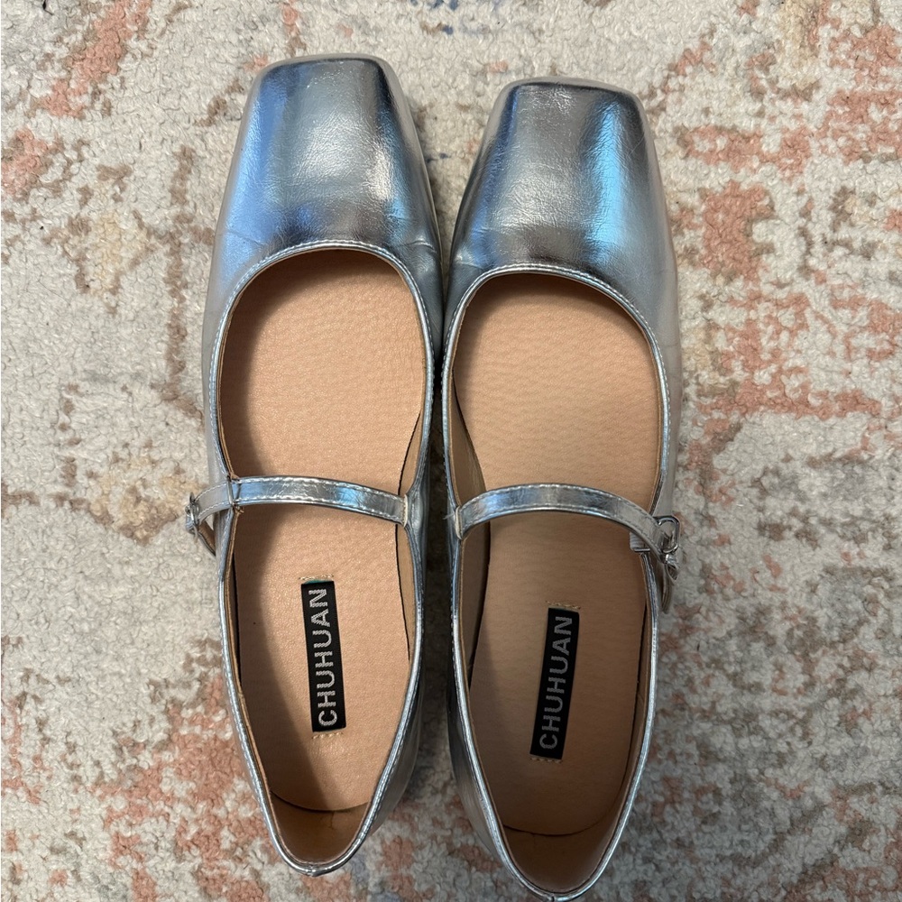 Silver Metallic Mary Jane Flats Square Toe Ballet Shoes Size 9.5